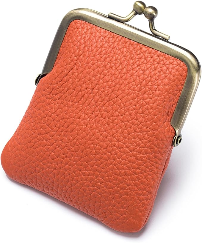 Genuine Leather Kiss Lock Coin Purse, Mini Wallet with Metal Clasp Frame, Small Change Holder，gift for women men (Orange)