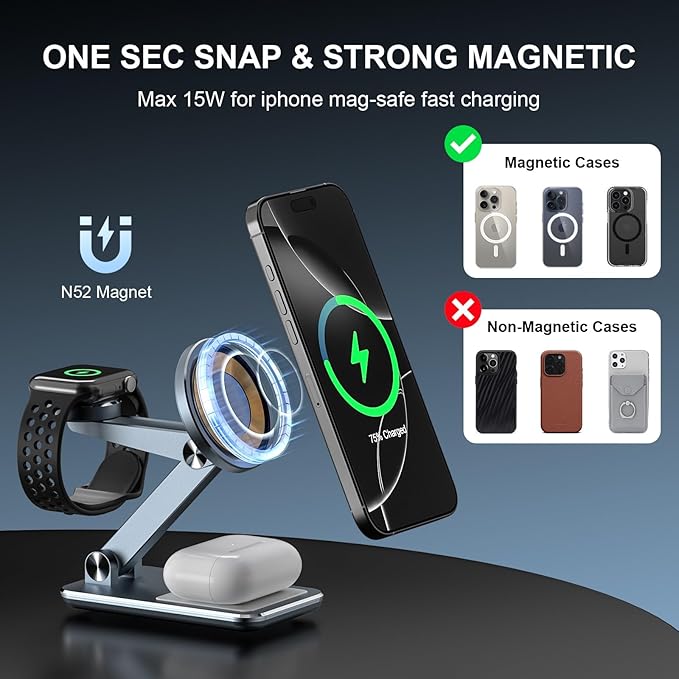 Wireless Charger 3 in 1,Foldable Wireless Charging Station for Apple MagSafe Charger,Aluminum Portable Magnetic Travel Charger Stand for iPhone,Watch,Aipods (with 20W Adapter & Case)