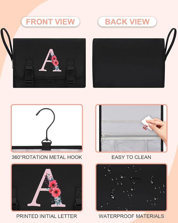Relavel Travel Hanging Toiletry Bag for Women - Initial Makeup Toiletries Organizer with Compartments, Personalized Cosmetic Bags with Hanging Hook for Airplane Travel Essentials - Black S