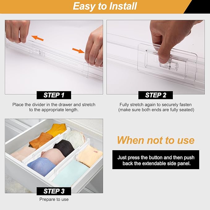 8 Pack Drawer Dividers for Clothes, 2.3" High 13"-21" Adjustable Drawer Dividers Expandable Dresser Drawer Organizer, Clear Drawer Separators for Clothes, Underwear, Cosmetic, Kitchen Utensils Storage