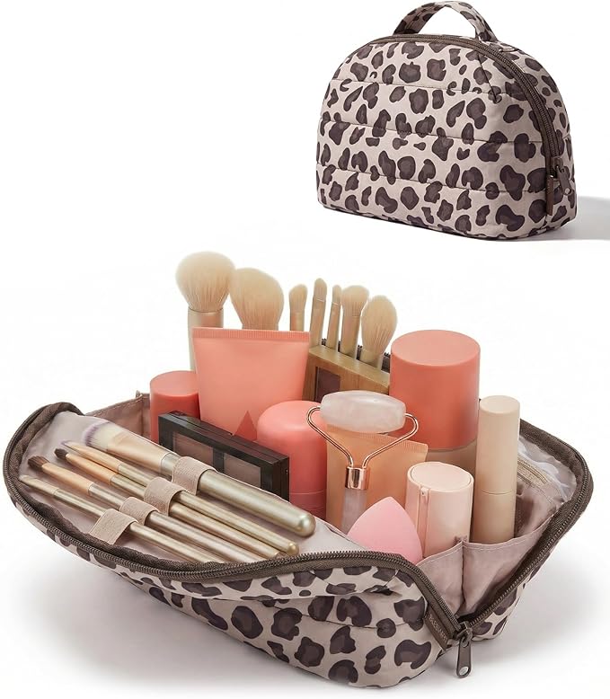 BAGSMART Travel Makeup Bag for Women, Portable Fold-down Cosmetic Case, Puffy Padded Make Up Organizer Pouch, Water-resistant Toiletry Bag for Toiletries, Brushes (Leopard Print)