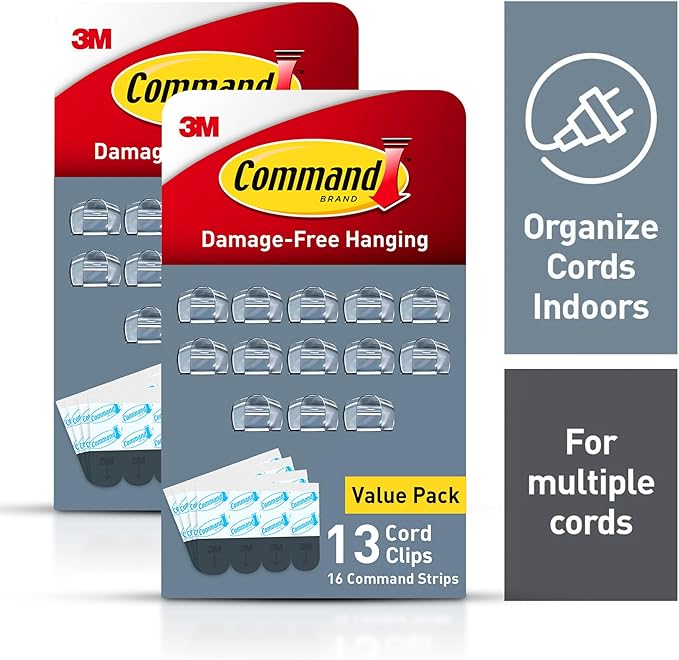 Command Round Cord Clips, Damage Free Hanging Cable, for Hanging Electrical Cables, 26 Clear Cord Clips and 32 Strips
