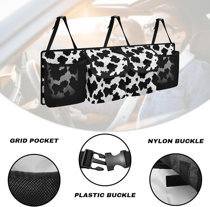 Cow Pattern Trunk Organizer and Storage, Waterproof Backseat Hanging Organizer for SUV, Truck, Collapsible Cargo Storage Bag with 4 Pockets, Car Interior Accessories