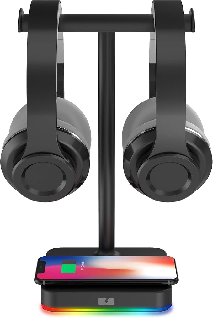 KAFRI RGB Dual Headphone Stand with Wireless Charger Desk Gaming Double Headset Holder Hanger Rack with 10W/7.5W QI Charging Pad - Suitable for Gamer Desktop Table Game Earphone