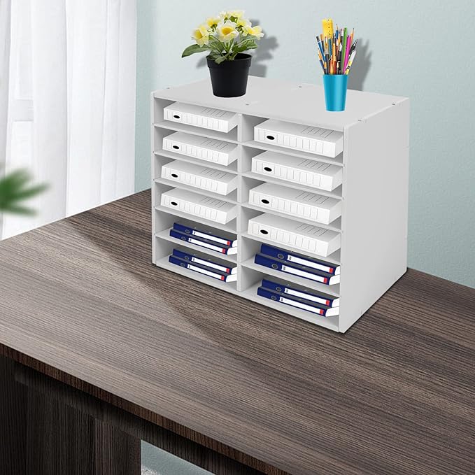 Literature Organizer 12 Slots, Compartments Mail Sorter Organizer, Adjustable Desktop File Organizer with Removable Shelves, Paper Organizer for Home Office School (White, 12 Slots)