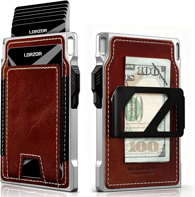LORZOR Slim Tactical Wallet for Men- Minimalist Full Grain Leather Wallet for 10 Cards, RFID Blocking Aluminum Cardholder, Smart Pop Up Card Case, Front Pocket, Money Clip, Gift for Women Men