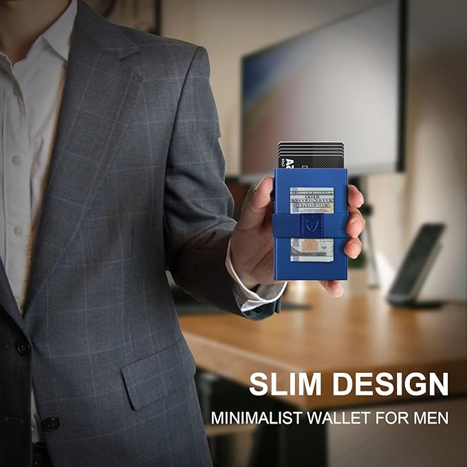 TOYFID Minimalist Wallet for Men,Slim Wallet Compatible with AirTag,Card Holder Metal Wallet,Pop Up Wallet,Metal Card Holder,Quick Access Card,Rfid Blocking Protection,Hold 12+ Credit Cards (Blue)