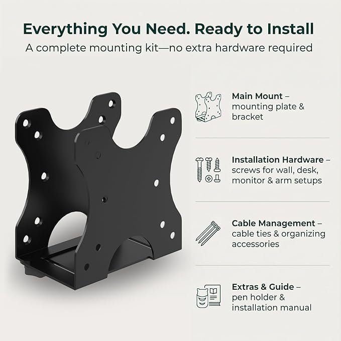 Yimaut Adjustable Mini PC Vesa Mount Bracket Behind Monitor, Under Desk, Attached to Monitor Arm, Wall or Stand Pole for HP, Dell, KAMRUI, Mac Mini, GMKtec, Cable Boxes, Wi-Fi Routers and Small CPUs