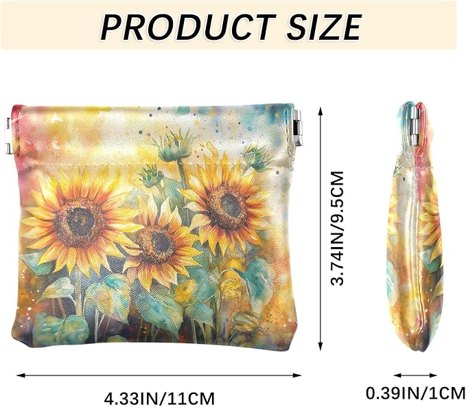 Sunflower Women's Waterproof PU Leather Coin Purse, Slim Travel Wallet with Zipper - Compact Card Holder & Jewelry Organizer for Cash, Keys, Lipstick