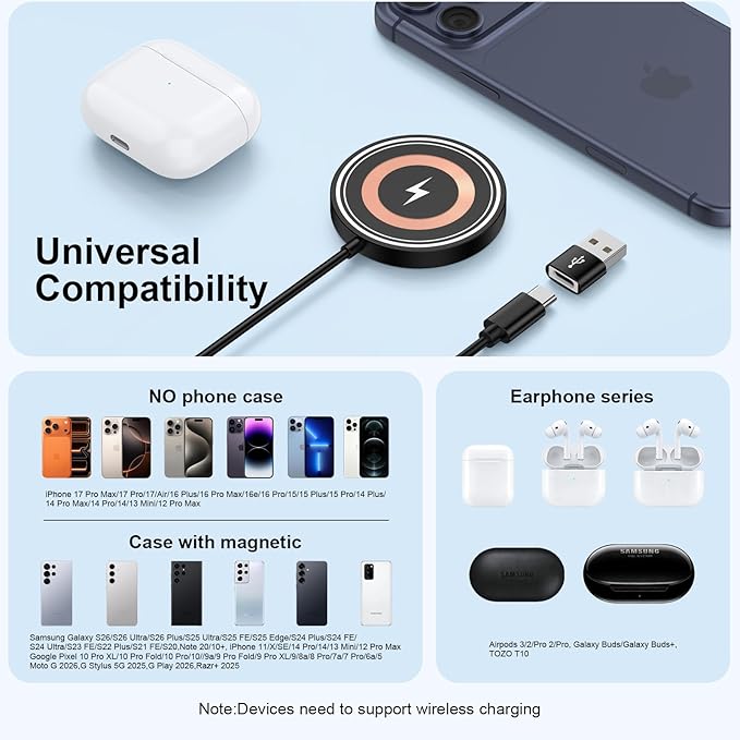 Magnetic Wireless Charger Pad for Samsung Galaxy S26 Ultra S26+ S26 S25 Ultra S24 FE S23,15W Magnet Wireless Fast Charging Station MagSafe Charger for iPhone 17 Pro Max 16Plus 15 14 13,Google Pixel 10