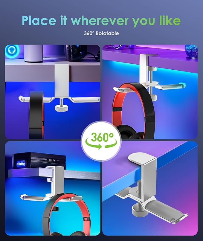 6amLifestyle Dual Rotatable Headphone Stand Hanger Under Desk Clamp Headphone Holder Aluminum, 11lb Load Capacity, Compatible with Universal Headphones, Silver 6A-13SV
