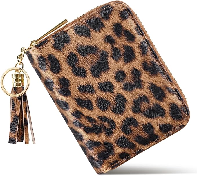 Coco Rossi Women's Small Credit Card Wallet RFID Cute Card Holder for Women with Tassel, Leopard