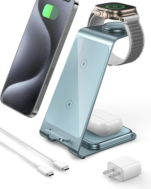 Intoval Aluminum 3 in 1 Wireless Charging Station for iPhone 17 16 15 14 13 12 11 Pro Max XR, Wireless Charger for Apple Watch 11 10 9 8 7 Ultra SE 3 2, Phone Charger for AirPods 4 Pro 2 3 (Blue)