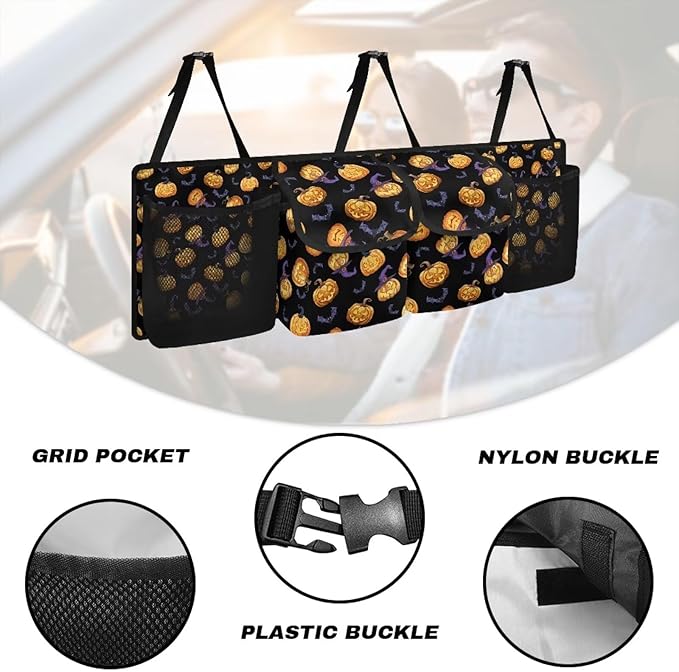 Halloween Pumpkins Car Trunk Organizer for Women Men Car Back Seat Hanging Storage Bag Collapsible Auto Cargo Bag with 4 Large Pockets Auto Interior Accessories