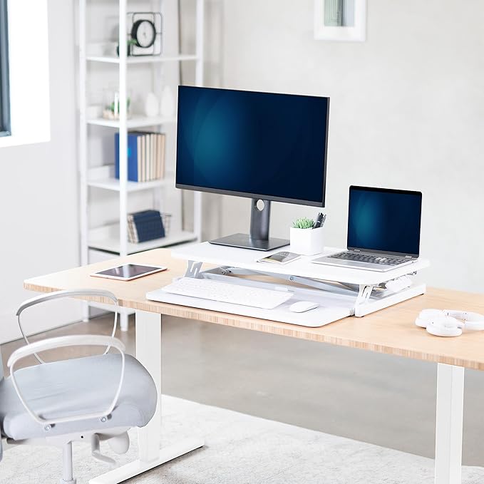 VIVO Desk Converter 32 inch Height Adjustable, MDF Wood Sit to Stand Riser, White, DESK-V000SW