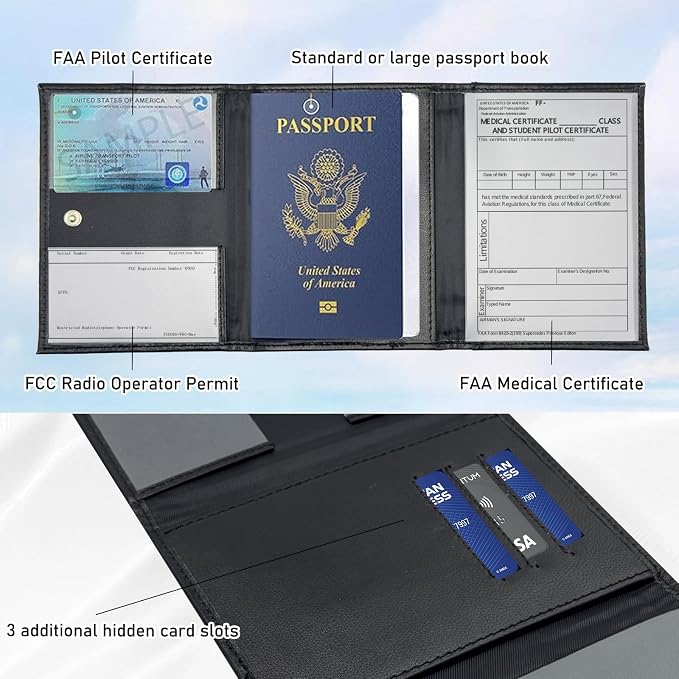 Pilot Wallet Passport Holder RFID Blocking Nappa Leather Travel Wallet, Stylish Travel Companion for Aviation Professionals (Black)