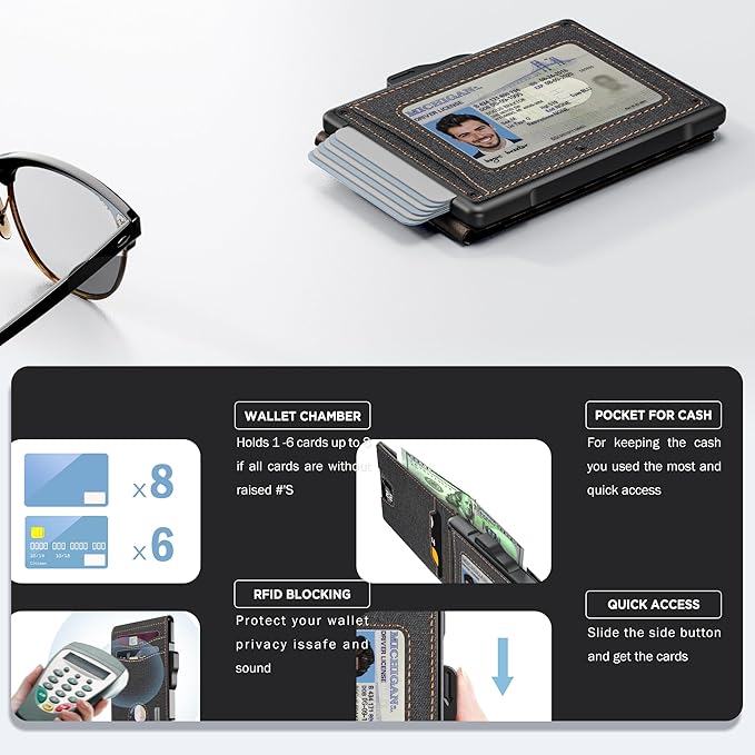 umoven Wallet for Men - Pop Up Case, Cash Slot, and Credit Card Slot - Slim Aluminum Wallet with RFID Blocking, Minimalist Leather Wallet Front Pocket with ID Window (Denim)