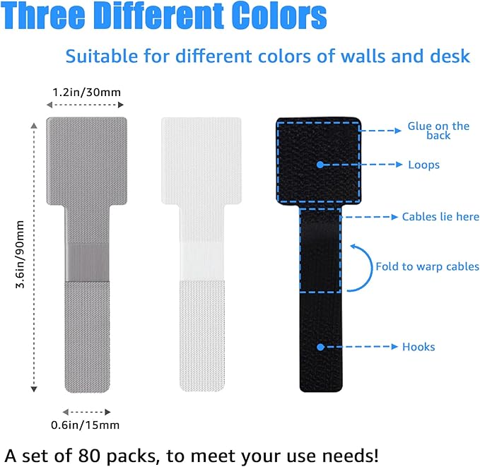 80PCS Hook and Loop Cable Ties, Hook and Loop Cable Straps, Under Desk Cable Management, Adhesive Cable Clips, Sticky-Back Cord Organizer for Desk, Household & Office Organization (Gray)