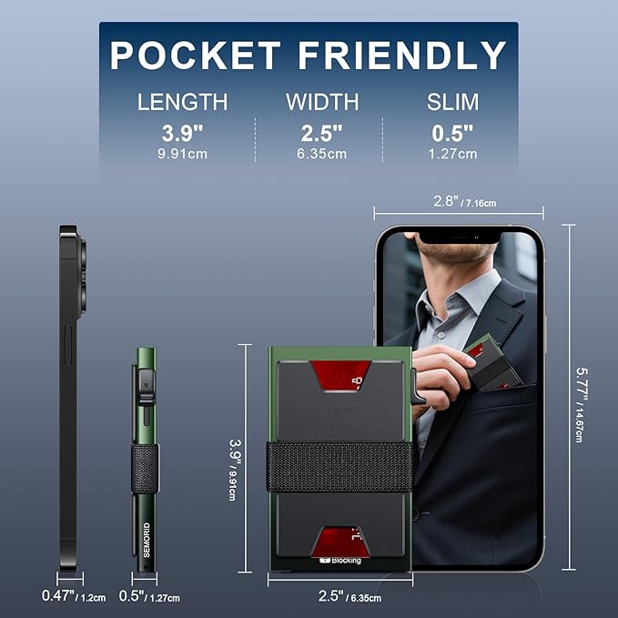 SEMORID Slim Aluminum Card Holder Wallet for Men, Durable Expandable Backplate, RFID Blocking Minimalist Metal Pop Up Wallet, Holds 12+ Cards Plus Cash
