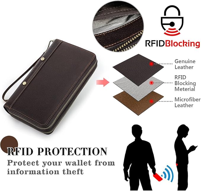 Top Grain Genuine Leather Clutch Wallet with Wristlet for Man & Woman, Handmade Vintage Design, Multi Pockets & Side Pocket & Slots, RFID Large Capacity for Cards/Checks/Money/Passport/Pen, Red Coffee
