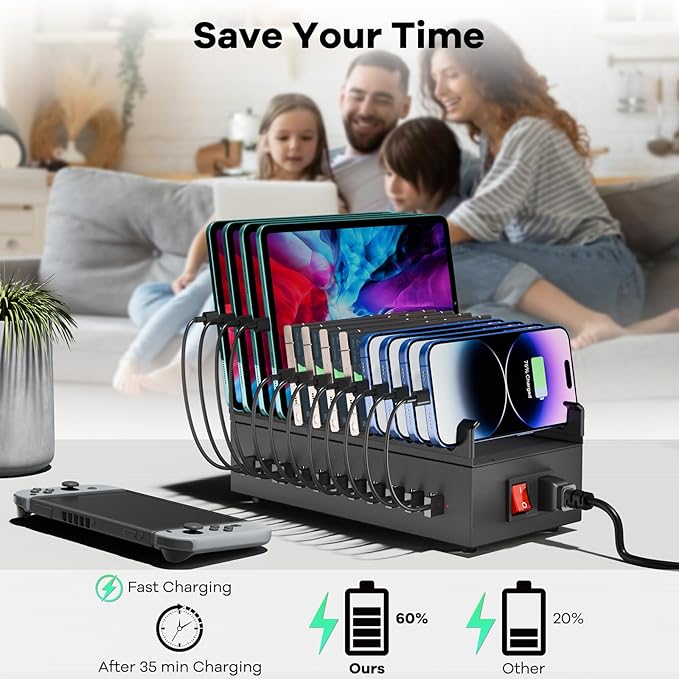 USB Charger Block, 300W 22 Port USB Charging Station for Multiple Devices, Desktop Wall Fast Charger with Storage Dividers, US? Power Strip Suitable for Home Office School Hotel