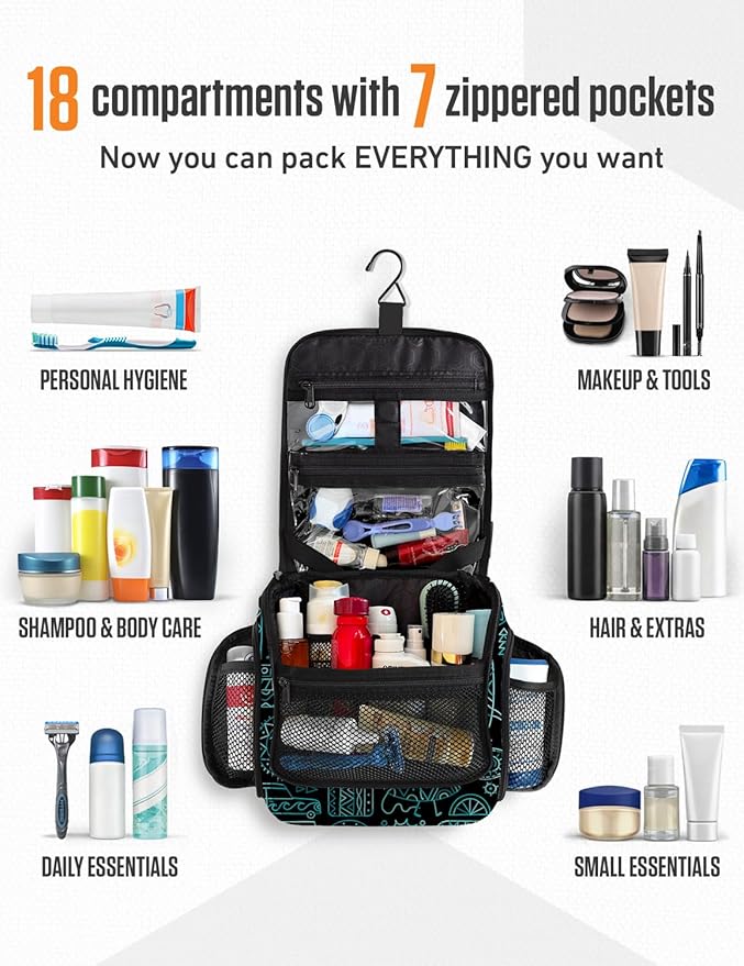 VENTURE 4TH Hanging Travel Toiletry Bag for Women & Men – Large Toiletry Organizer with 17 Compartments, Removable TSA Pouch, Travel Wash Bag for Toiletries, Makeup & Shaving Kit (Surfing Vibes)