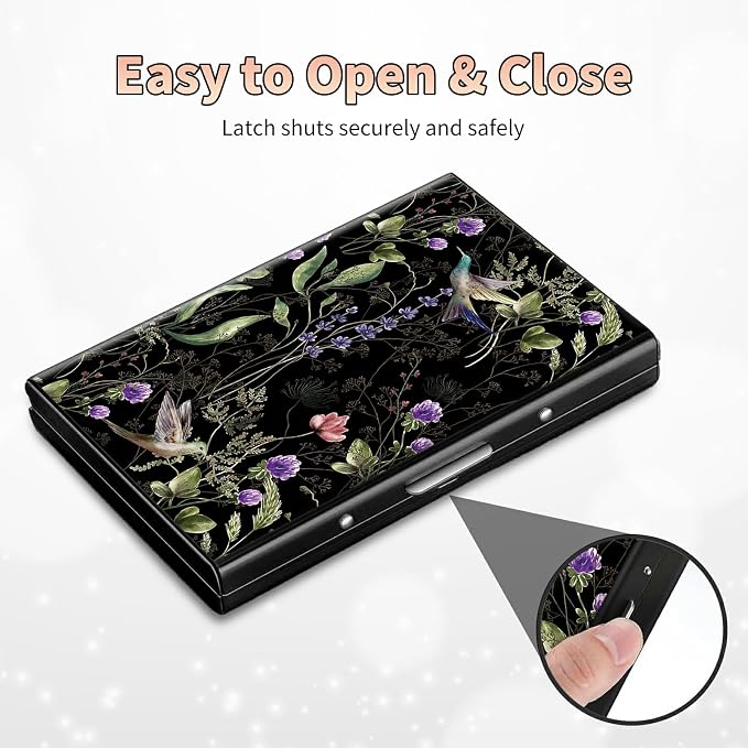Slim Credit Card Holder, Wild Flower Hummingbird RFID Blocking Metal Wallet for Men & Women, Aluminum Minimalist Hard Case Pocket-Sized Business Cards Organizer (Fits Up to 10 Cards)