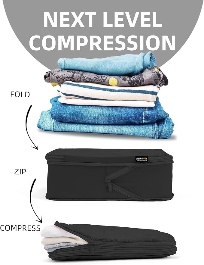 Compression Packing Cubes for Travel, 6-Piece Set (Large/Medium/Small), Double-Zip Luggage Organizers for Suitcase & Carry-On, Clothes Storage Bags (Pure Black, 6 Pack)