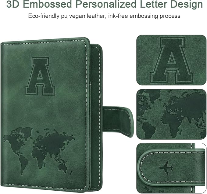 Personalized A Passport Holder Cover Initial Letter Travel Wallet RFID Blocking Passport Cover Credit Card Holder Case Passport Book Holders for Women and Men, Pine Green-A