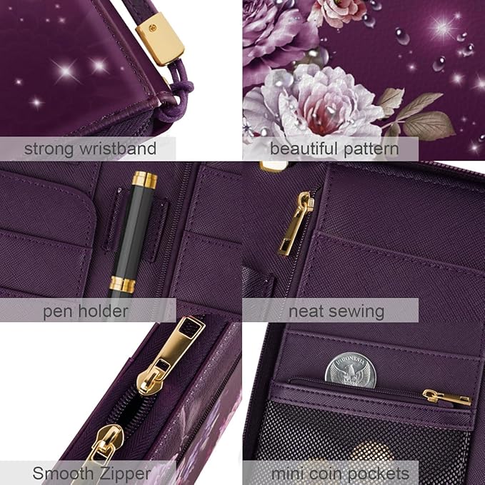 Family Passport Holder Wallet RFID Blocking Document Organizer PU Leather Mulit-purpose Travel Wallet Credit Cards Case for Women Men,Purple Flowers