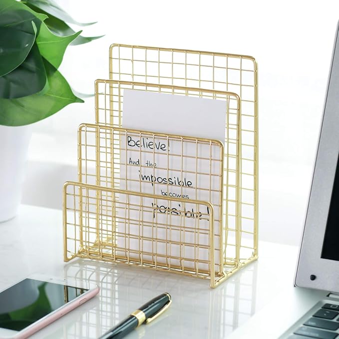 3 Slots Letter Holder, Metal Multifunctional File Holder for Mails, Books, Brochures and Postcards, Desktop Office Organizer Decoration, 5.6” x 3.7” x 7.0”, Gold