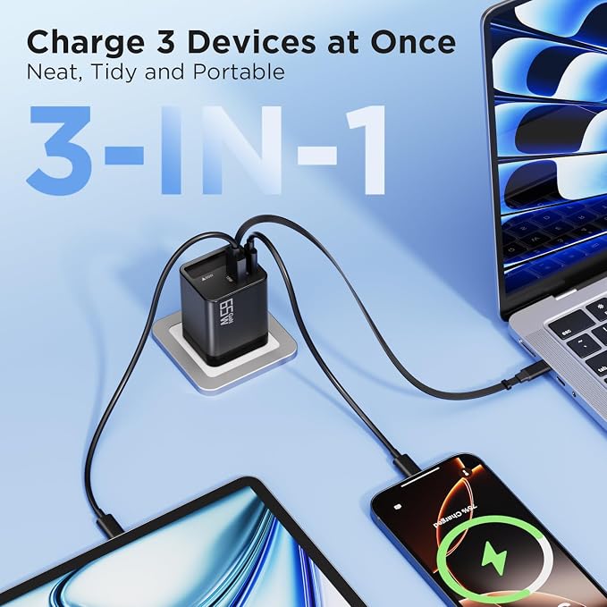 65W GaN USB C Charger with Retractable Charging Cable, 3-Port Power Adapter | Fast travel charger for MacBook, iPhone 17 16 15, Samsung Galaxy S24, iPad, multi port compact wall charging block, black