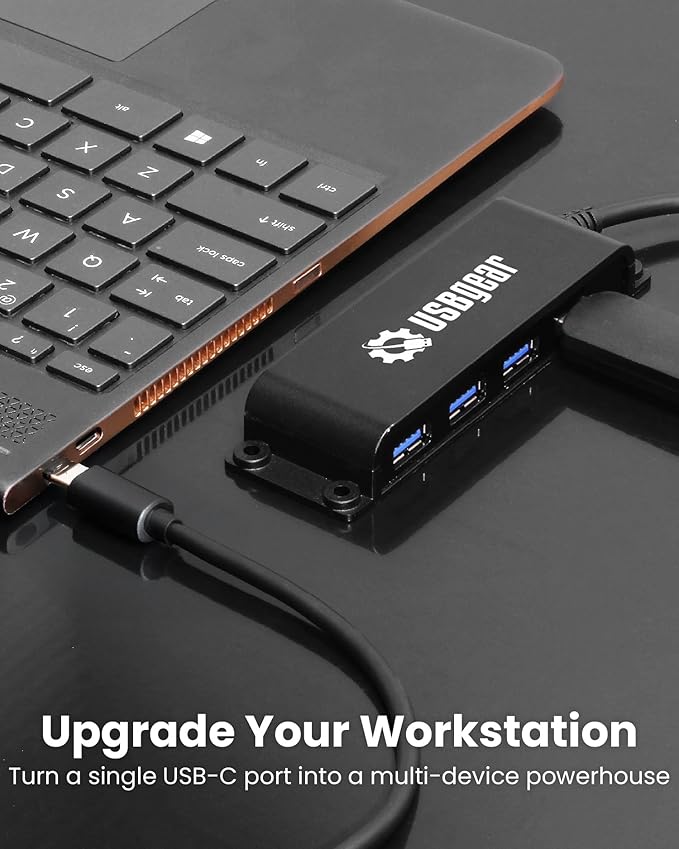 USBGear 4-Port USB 3.2 Gen 2 Data Transfer Hub - 10Gbps Ultra-Compact USB-C Hub with 3.3 ft Integrated Extension Cable and Built-in Mounting [No Charging] for Mac, PC, Mobile HDD, Flash Drives