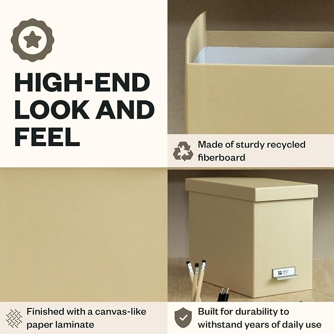 Bigso John Fiberboard Label Frame Desktop File Storage Box - Document Organizer for Important Paperwork - Durable Hanging File Box with Lid & Metal Label Window - 7.36 x 13.38 x 10.51 in - Fawn