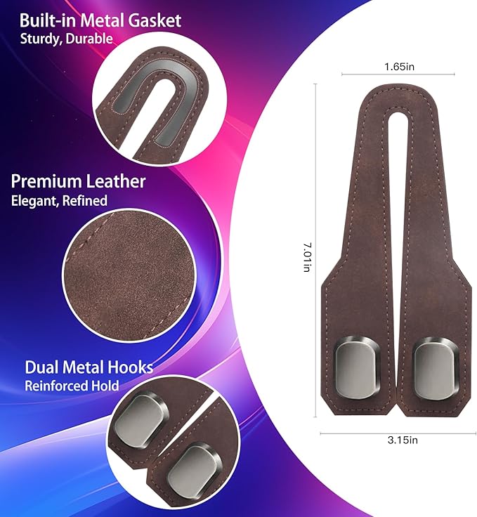 2Pcs Car Headrest Hooks with Premium Leather, Upgraded Double Metal Hooks with Anti-Drop Design, Universal Back Seat Hanger for Bags, Coats, Purses and Groceries (Stylish Brown)