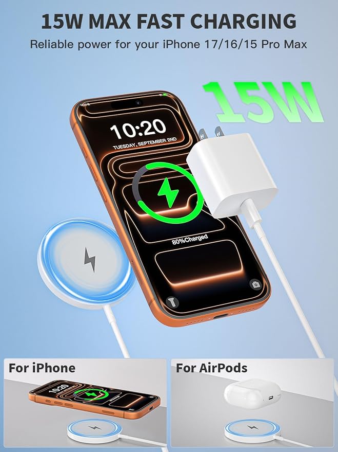 Magnetic Wireless Charger 6FT Fast Apple Mag-Safe Charger Magnet Charging Pad iPhone Mag Safe Charging for iPhone 17Pro Max/16 Pro Max/16Pro/16/iPhone 15Pro Max/15 Plus/14/13/12/AirPods 3/2/Pro/Pro 2