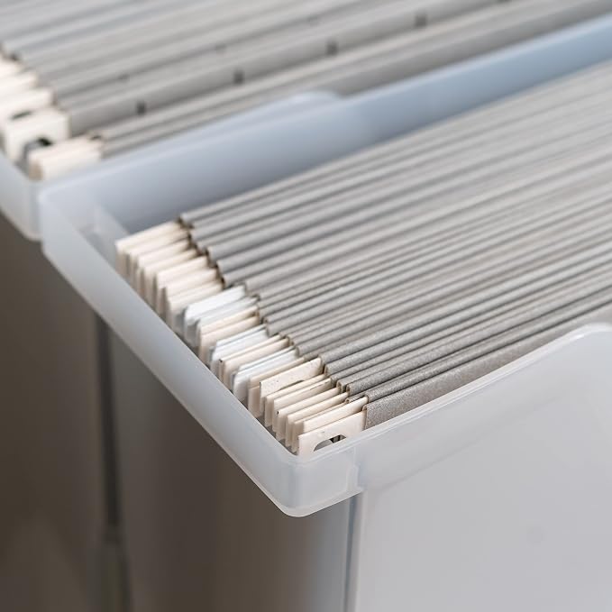 IRIS USA Small Portable Desktop File Box with Open Lid, 6 Pack, Side Handles, Hanging File Folders, Tabs & Inserts, Letter Size, Magazines, Newspapers, Mail, Books, Notebooks, Clear