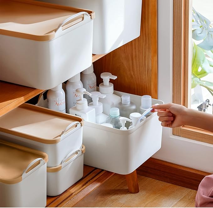 ANMINY 8PCS Plastic Storage Bins Containers with Lids, Large Storage Organization Bins Boxes, Lidded Plastic Storage Baskets for Closet Shelves Desktop, Wheat Lids, 1XL + 1L + 2M + 4S