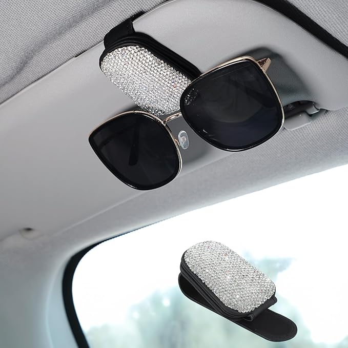 eing Magnetic Leather Sunglass Holder,Bling Crystal Eyeglass Hanger Clip for Car Sun Visor, Suitable for Different Size Eyeglasses, 1 - Pack White