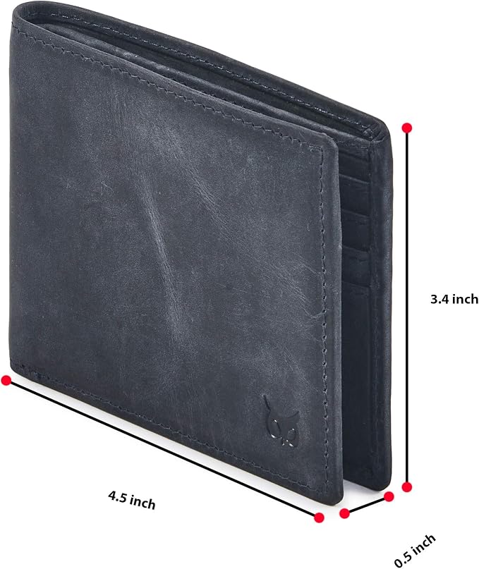 Real Leather Mens Bifold Wallet RFID Blocking Slim Minimalist Front Pocket - Thin & Stylish with ID Window in Gift Box (Crazy Horse, Navy)