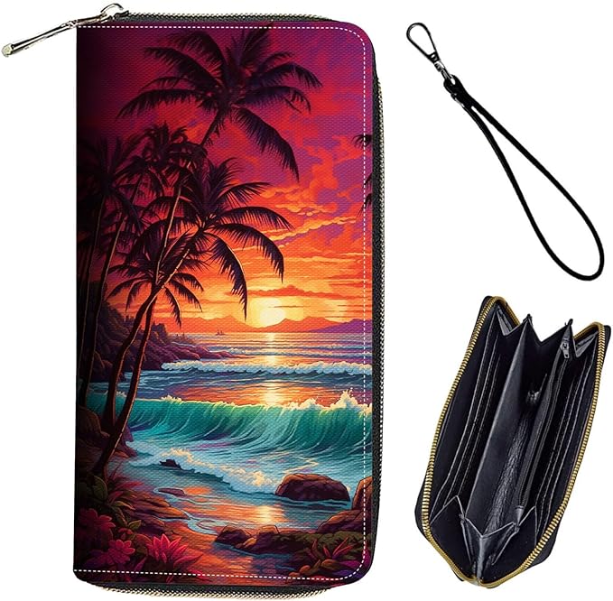 Bxgolkgd Womens Wallet, RFID Blocking Leather Wallet,Large Capacity Wallet Credit Card Holder PU Leather Ladies Clutch with Zipper Coin Pocket - Sunset Palm Tree Beach