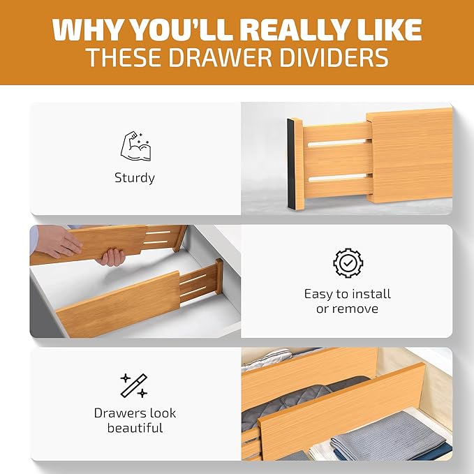 6-Pack Drawer Dividers - 6 Inches High, Adjustable 11 to 17 Inches Bamboo Drawer Organizers, Large Deep Expandable Separators for Clothes, Dresser, Bedroom, Bathroom, Baby , Office, Kitchen Utensils