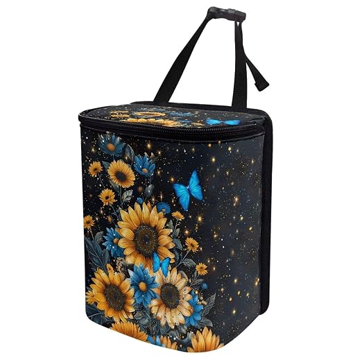 Blue Butterfly Sunflower Print Car Trash Can - Foldable, Automotive Garbage Bin with Leak Proof Hanging Bag