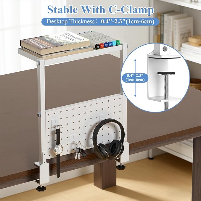 Jumyee Metal Clamp On Desk Shelf with 2-Tier Storage, 270° Flip Magnetic Clamp On Pegboard Organizer with 6 Hooks, Desktop Organizer White Desk Shelf for Home Office Gaming Accessories(White)