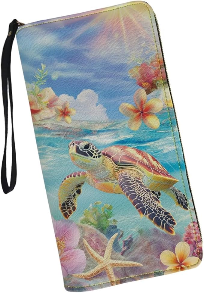 Bulopur Floral Sea Turtle Wallet for Women Tropical Hibiscus Floral Wristlet Wallet Purse Envelope Long Wallets PU Leather Travel Wallet Passport Holder for Ladies