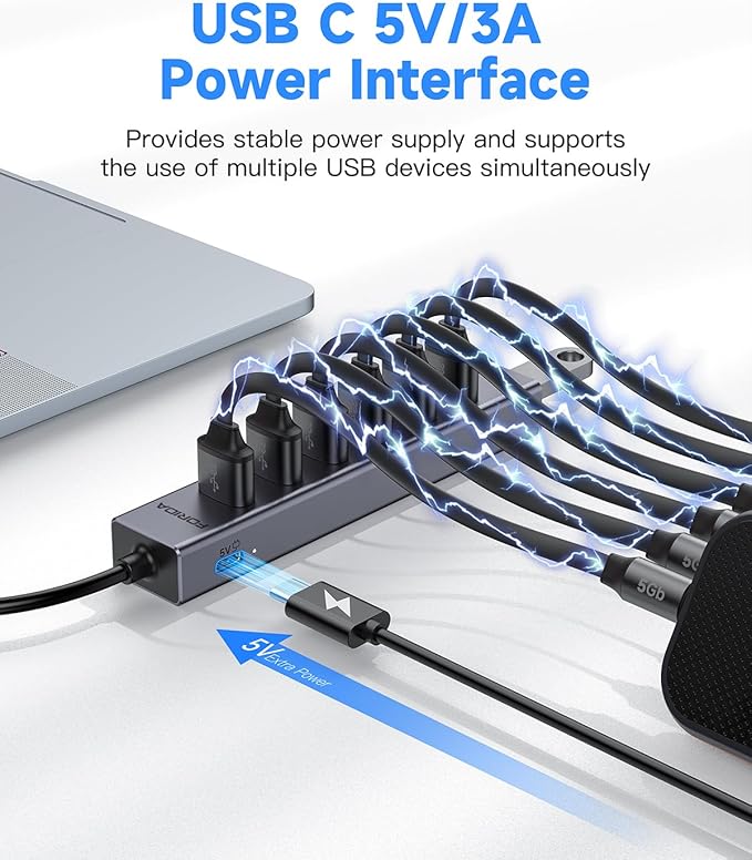 FORIDA USB Hub 8 Port, 7 USB 3.0 Data Ports + USB C 5V/3A Power Port, 47 Inch/120CM Long Cable USB Splitter, Portable USB Hub for Laptop, PC, MacBook, Flash Drive & More - Dark Gray