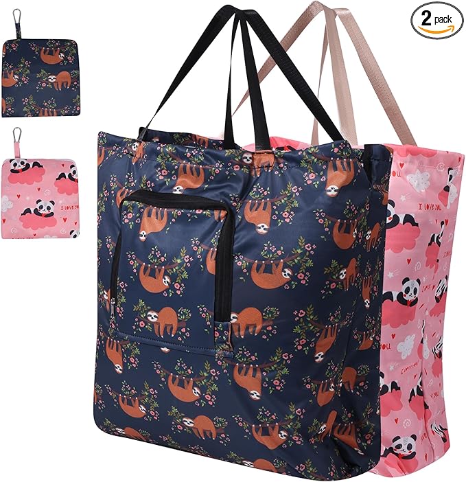 2 Pack Travel Laundry Bag with Handle and Drawstring, Expandable Foldable Dirty Clothes Bags with Hook and Zipper, 23*20 inch, Panda & Sloth