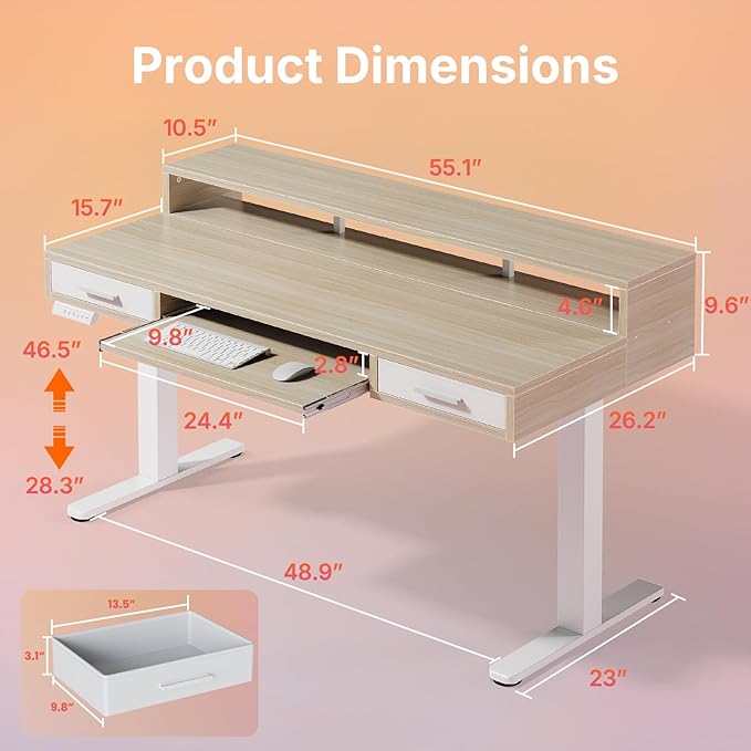 HUANUO 55″ x 26″ Electric Standing Desk with 2 Drawers &24.4″ Large Keyboard Tray, C-Clamp Mount Compatible, Adjustable Computer Desk for Office, Sit Stand Up Desk with 4 Height Presets, Light Walnut