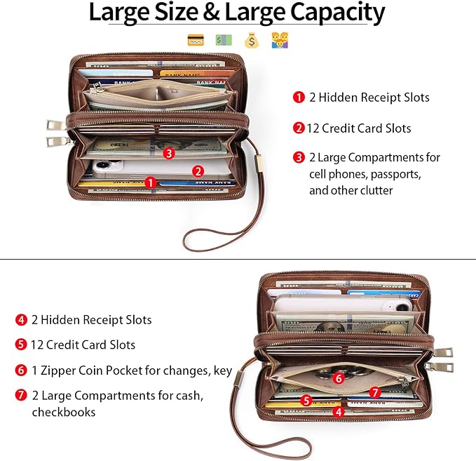 GAEKEAO Wallet for Women Clutch RFID Blocking Wristlet Leather Purse Large Capacity Credit Card Holder with Grip Hand Strap