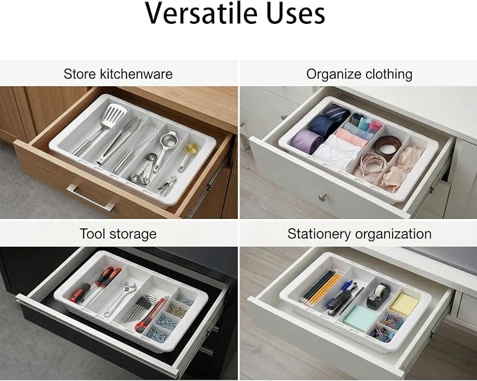 5 Pcs Expandable Drawer Organizer Bins, 11.4 to 18 Inches Plastic Dividers Storage, White Expandable Tray, Adjustable Deep Drawer Hanging Organizer for Kitchen Bathroom Bedroom Office Desk